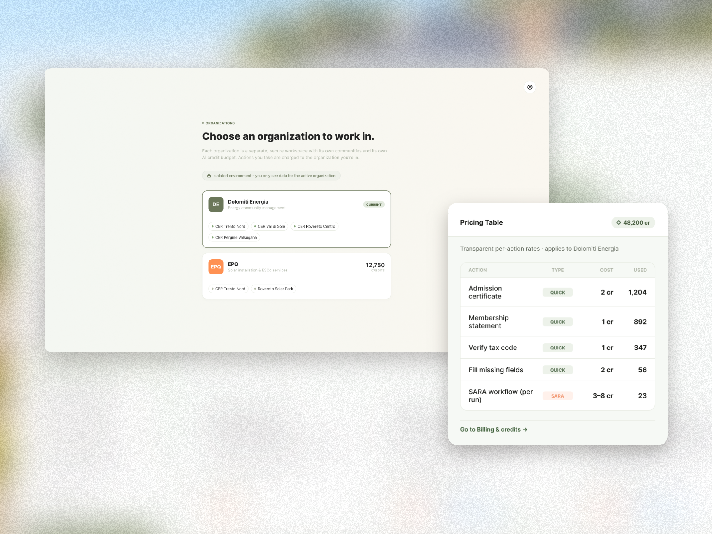 Alpinvision organization selector and pricing table