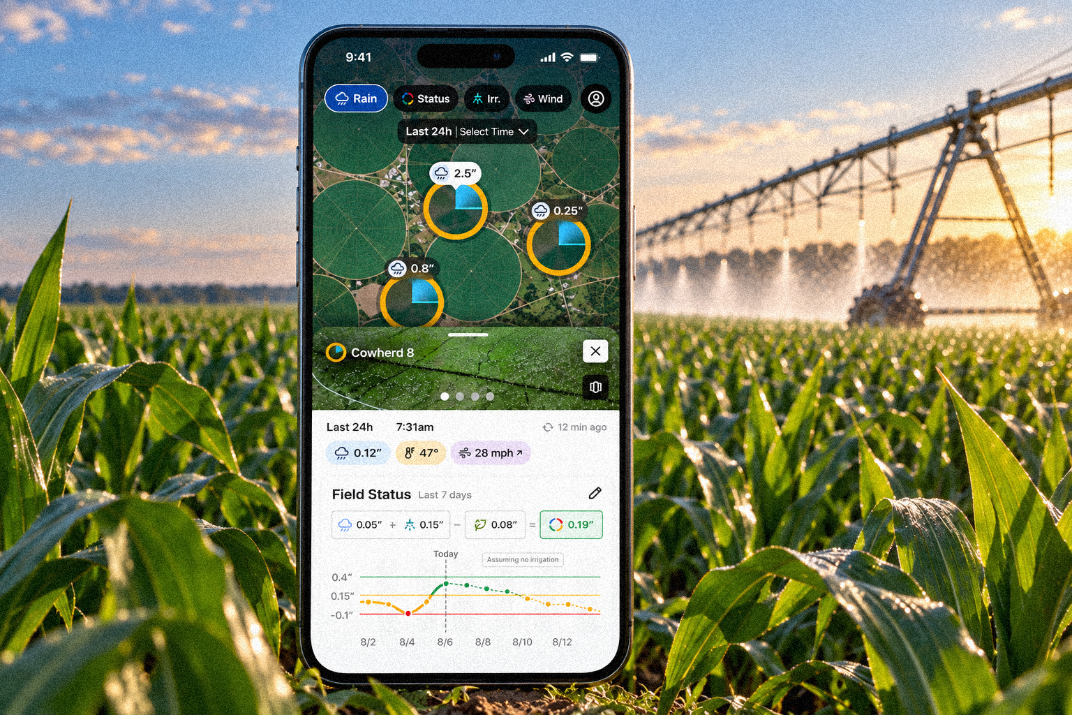 Arable app on a phone in a corn field with a center-pivot irrigator