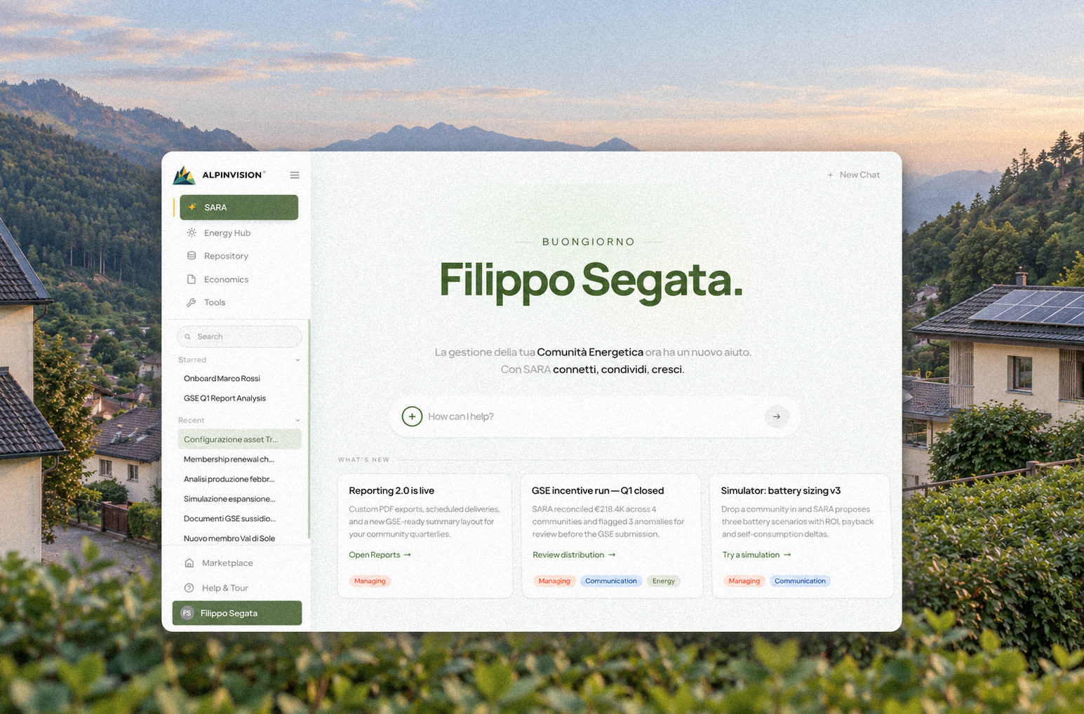 Alpinvision SARA home screen over a rooftop with solar panels