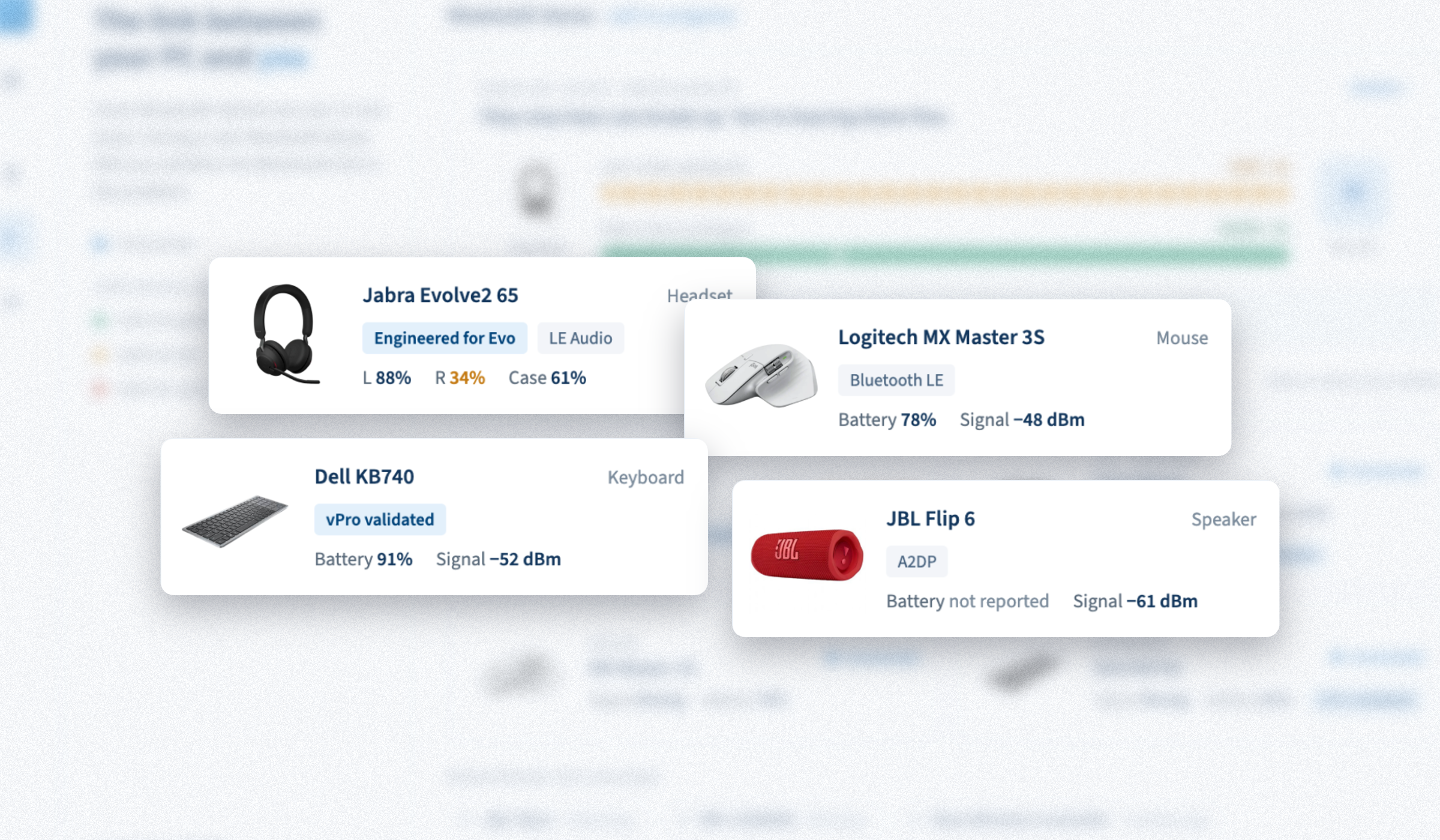Connected devices: Jabra Evolve2 65, Logitech MX Master 3S, Dell KB740, JBL Flip 6